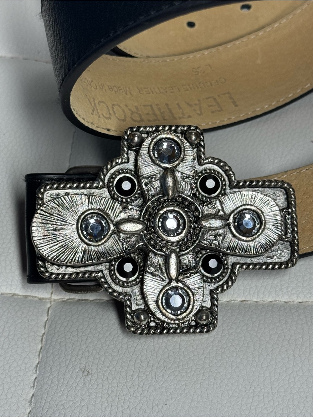 Leatherock Black Leather Belt with Rhinestone Cross Buckle